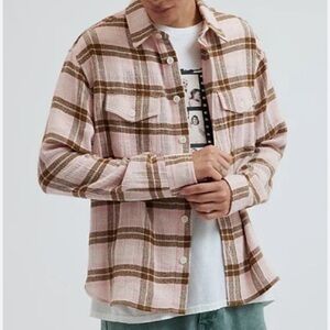 Urban Outfitters BDG Open Weave Plaid Button-Down Overshirt in Pink & Brown